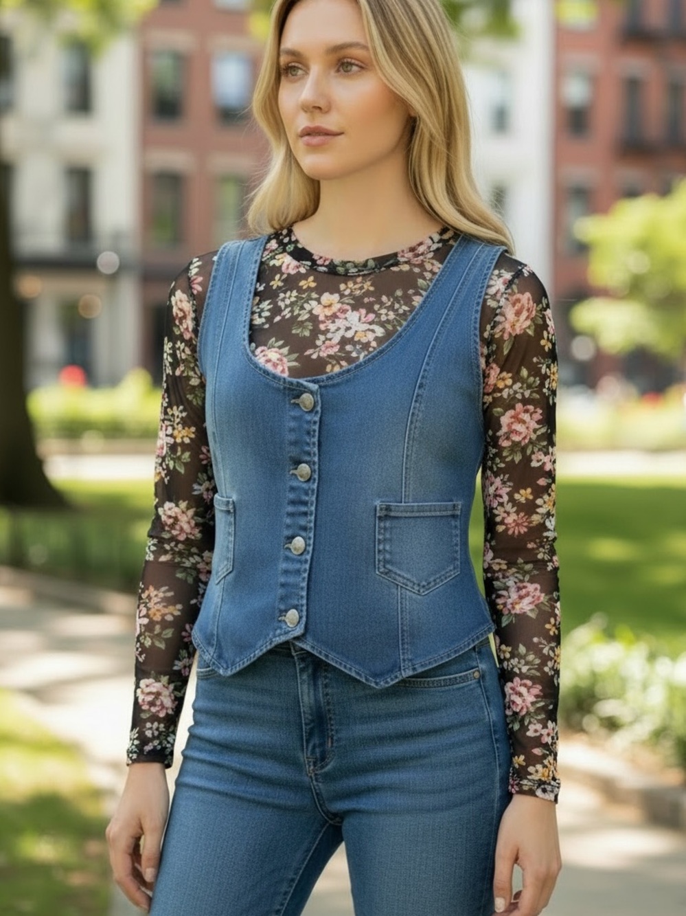 NWT Oat New York Stretch Denim Button Front Vest in Medium Blue, Medium